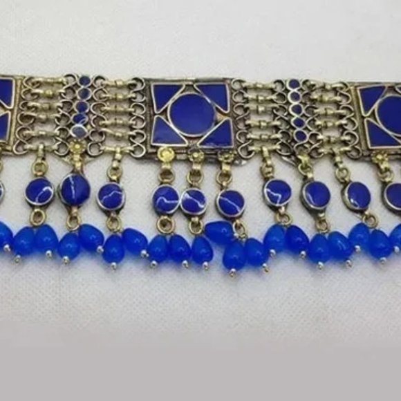 Blue Choker Necklace With Dangling Beads, Handmade Kuchi Necklace, Statement - Picture 3 of 6